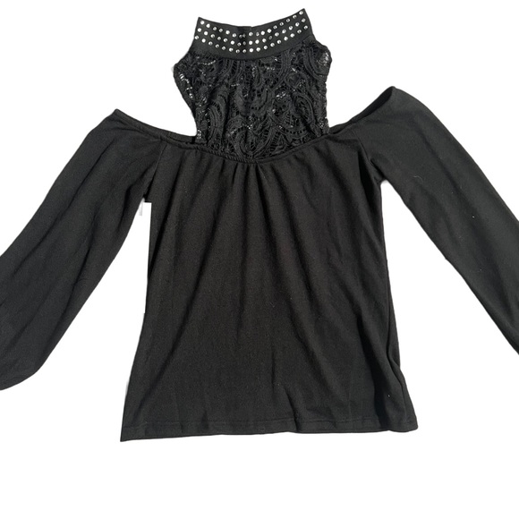 NWOT CHICME BLACK LONG SLEEVE MOCKNECK BLOUSE W/ BLING, LACE AND COLD SHOULDERS - Picture 2 of 8